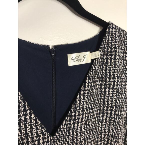 Eliza J NWT Navy Blue White Textured Dress Simple Cute Feminine Women's 14 Guest - Picture 2 of 11
